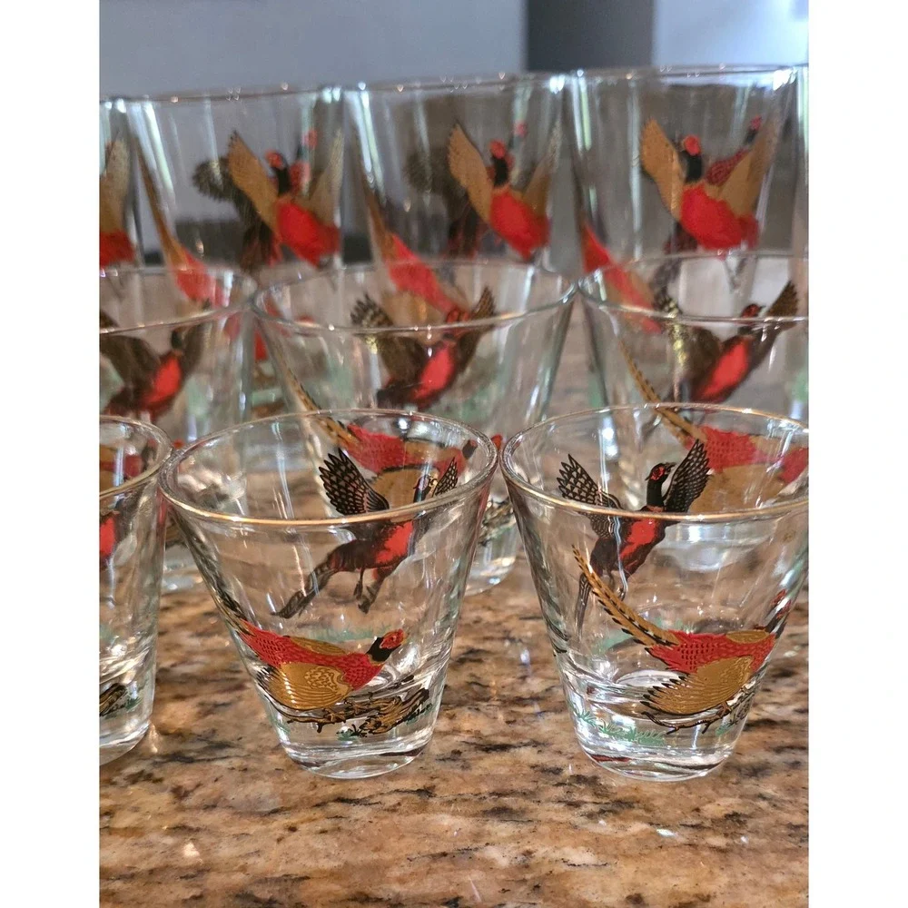 Vintage Pheasant Glassware Set 12pc Ice Bucket Highball Rocks Shot Glasses MCM